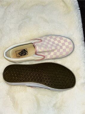 Vans Slip-On Checkerboard Sneakers in Light Purple and White